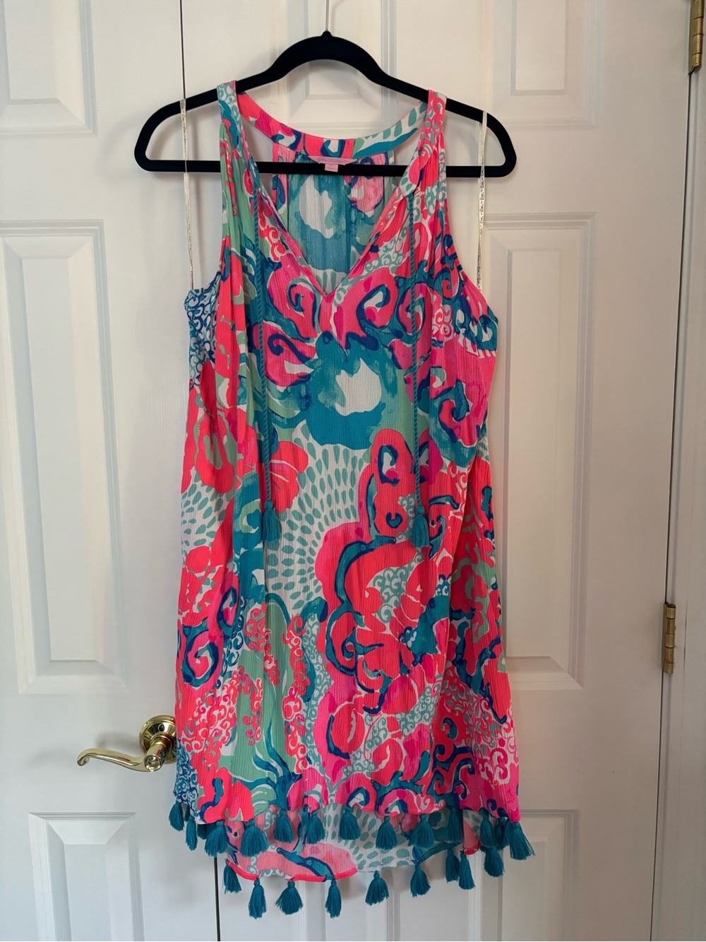 Lily Pulitzer Sleeveless Tassel-Hem Printed Tank Top Dress in Pink & Teal